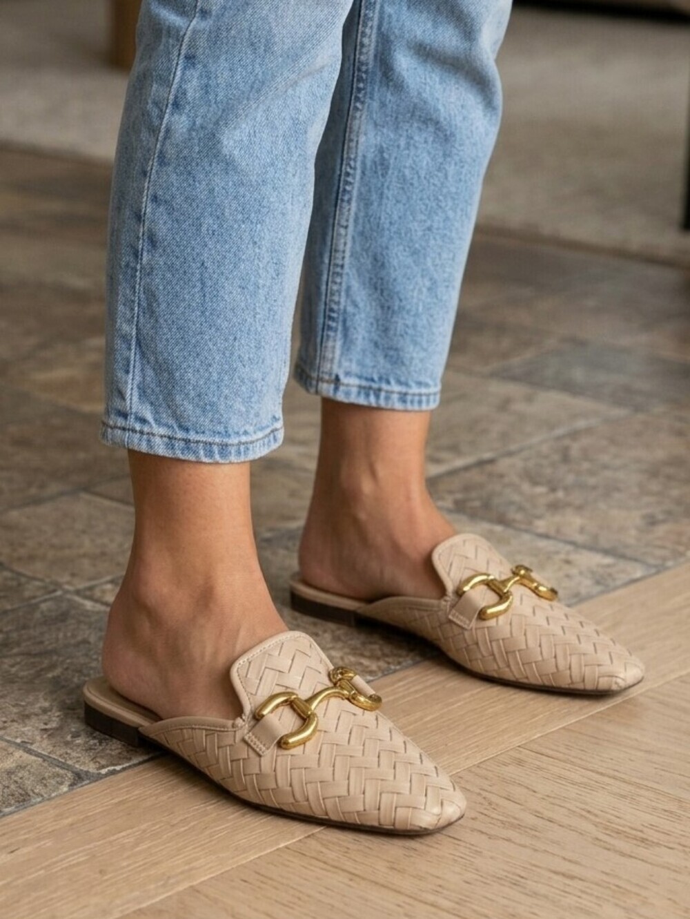 Zara Woven Mule Loafers Beige Slip-On Flats Gold Horsebit Women's EU 38 US 7.5